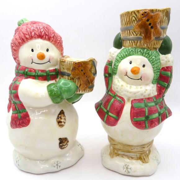 BICO Snowman Candleholder Set Christmas Ceramic Plaid Winter Decor 6 Inch Pair - Picture 10 of 12